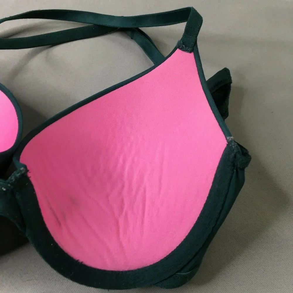 PINK Victoria's Secret Womens Bra Green 32C Padded Push Up Bra Crossback #1743